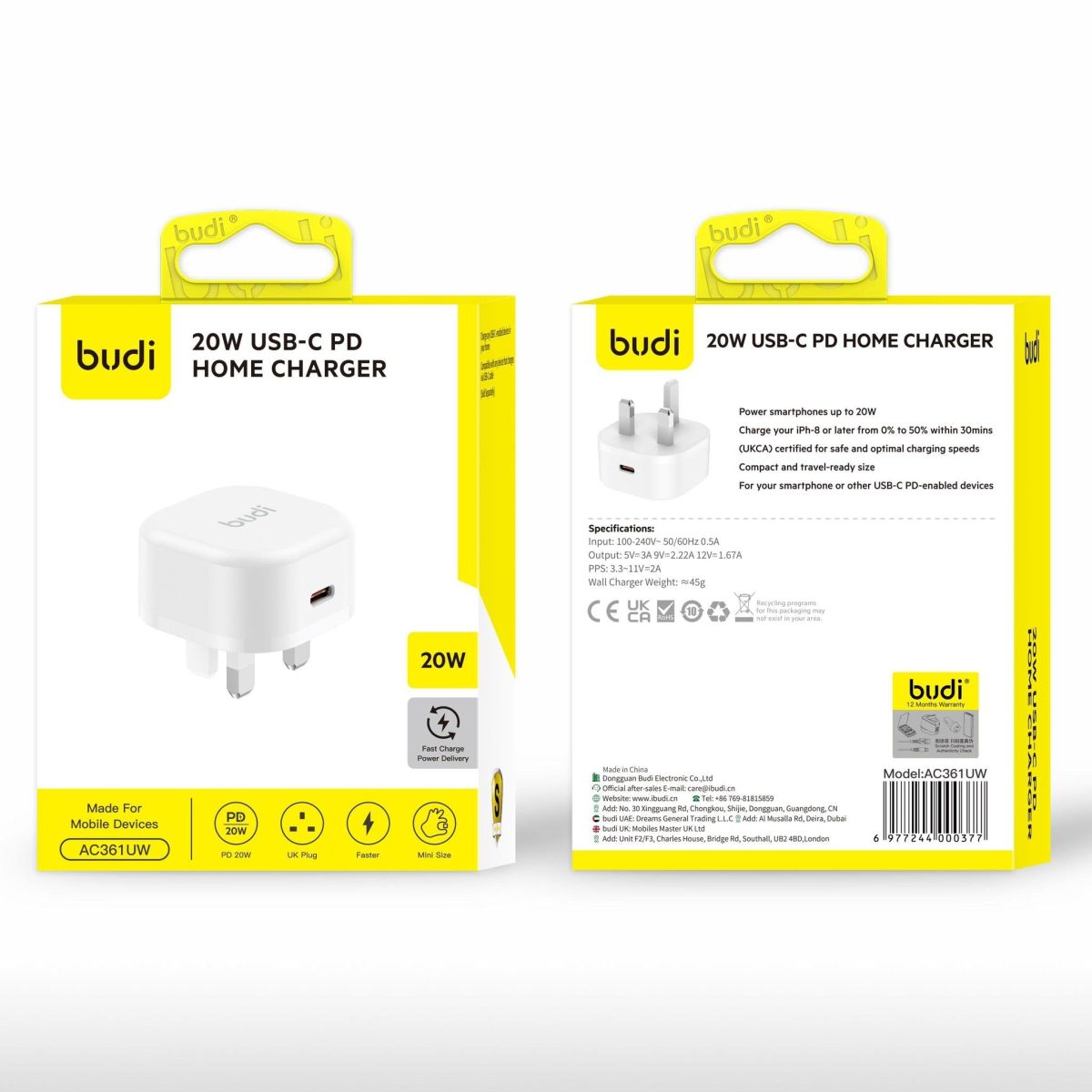 USBTYPEC20WPLUG-BUDI TYPE C 20W PLUG - BUDI - Image 1